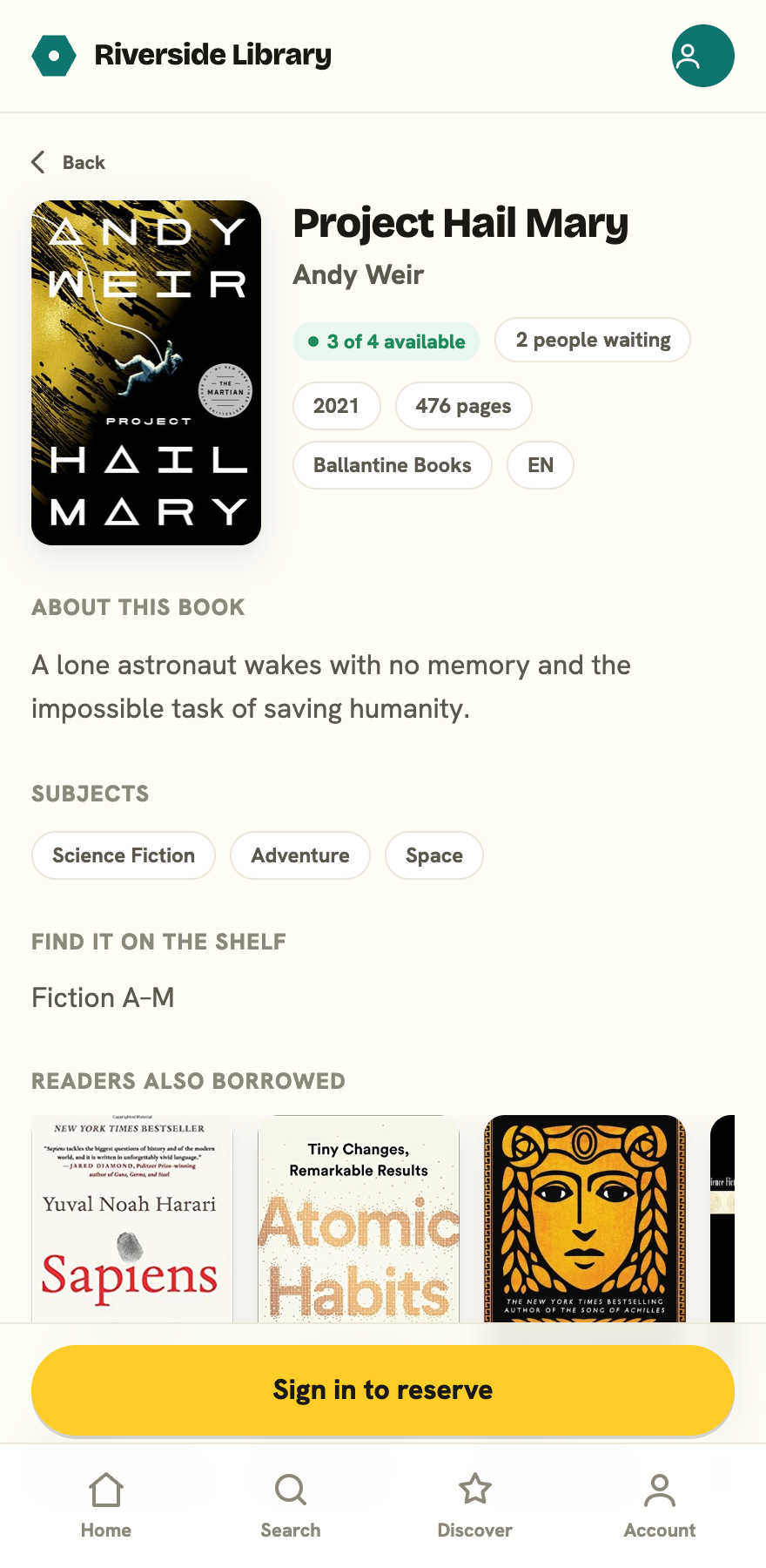 A book's detail page with cover, description, availability, and a Reserve a copy button at the bottom