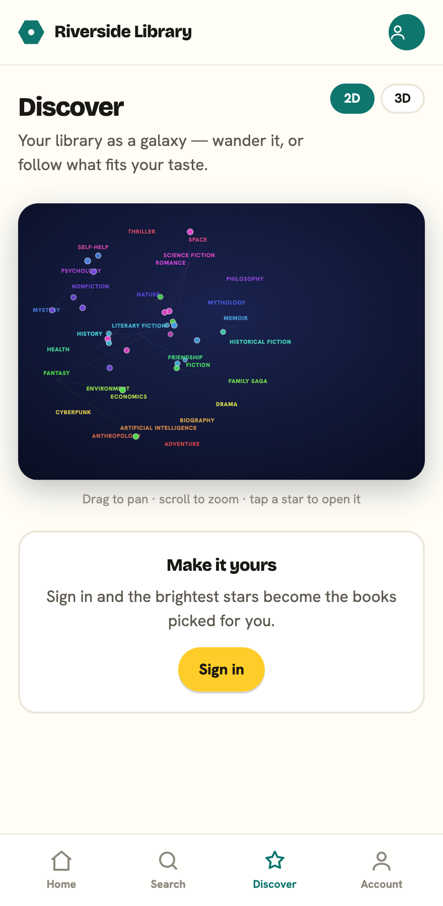 The Discover screen showing book covers arranged as a constellation, with a 2D and 3D toggle