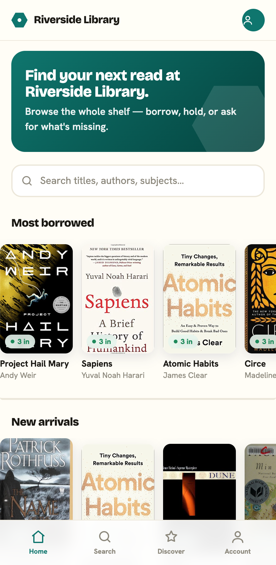 The reader app Home screen with a search box and swipeable shelves of book covers