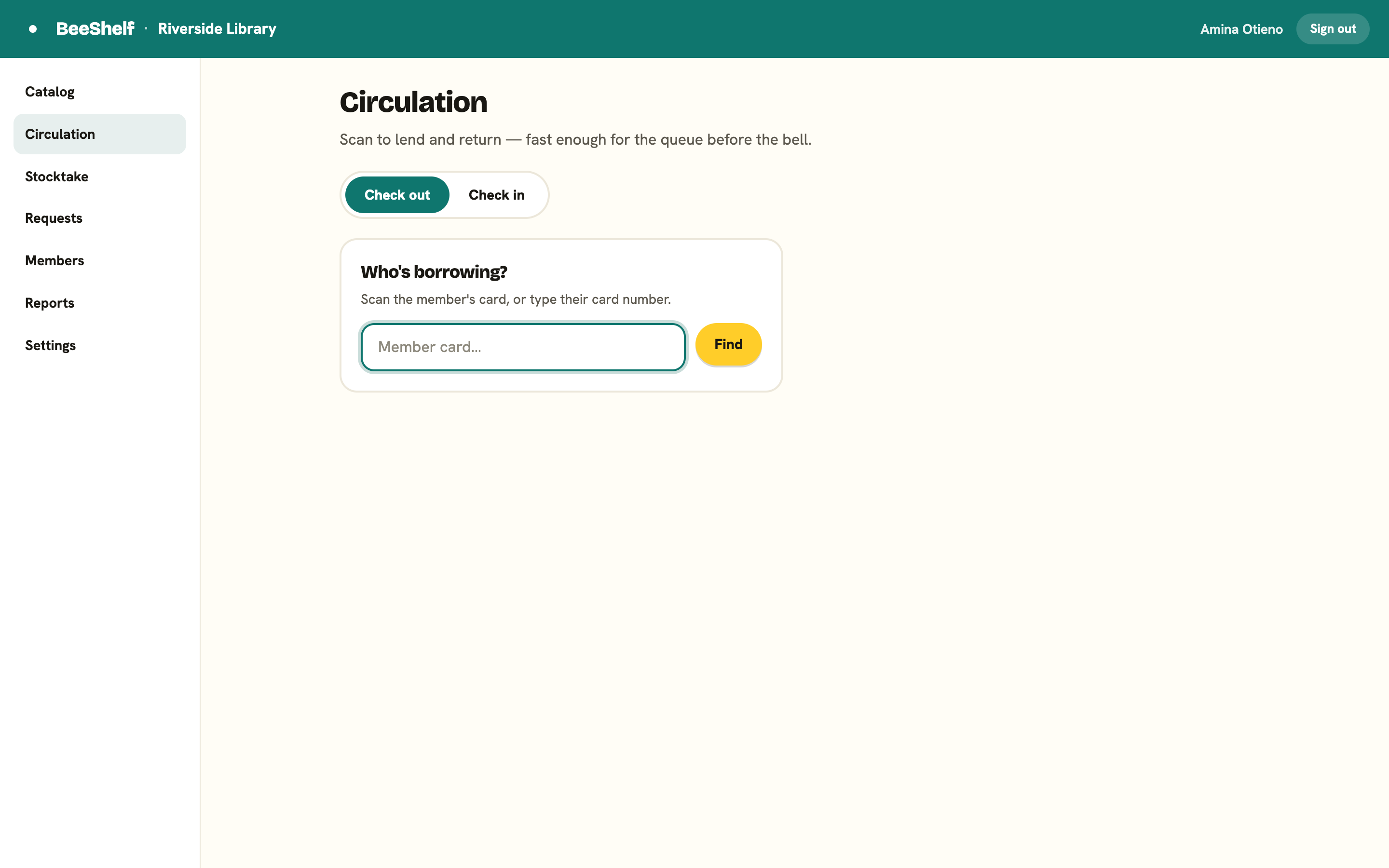 The Check out screen with a member selected, a barcode box, and a sidebar showing current loans and holds