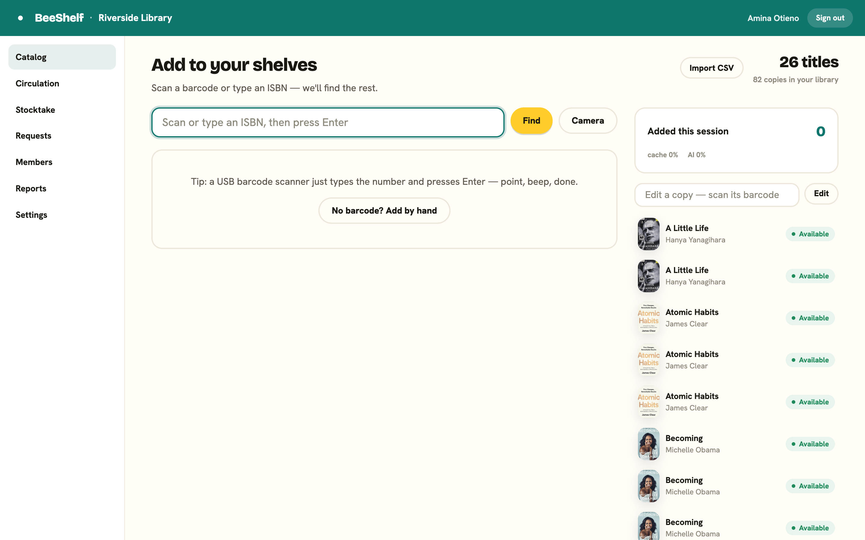 The Staff Console — the Catalog tab, with the seven top tabs across the top