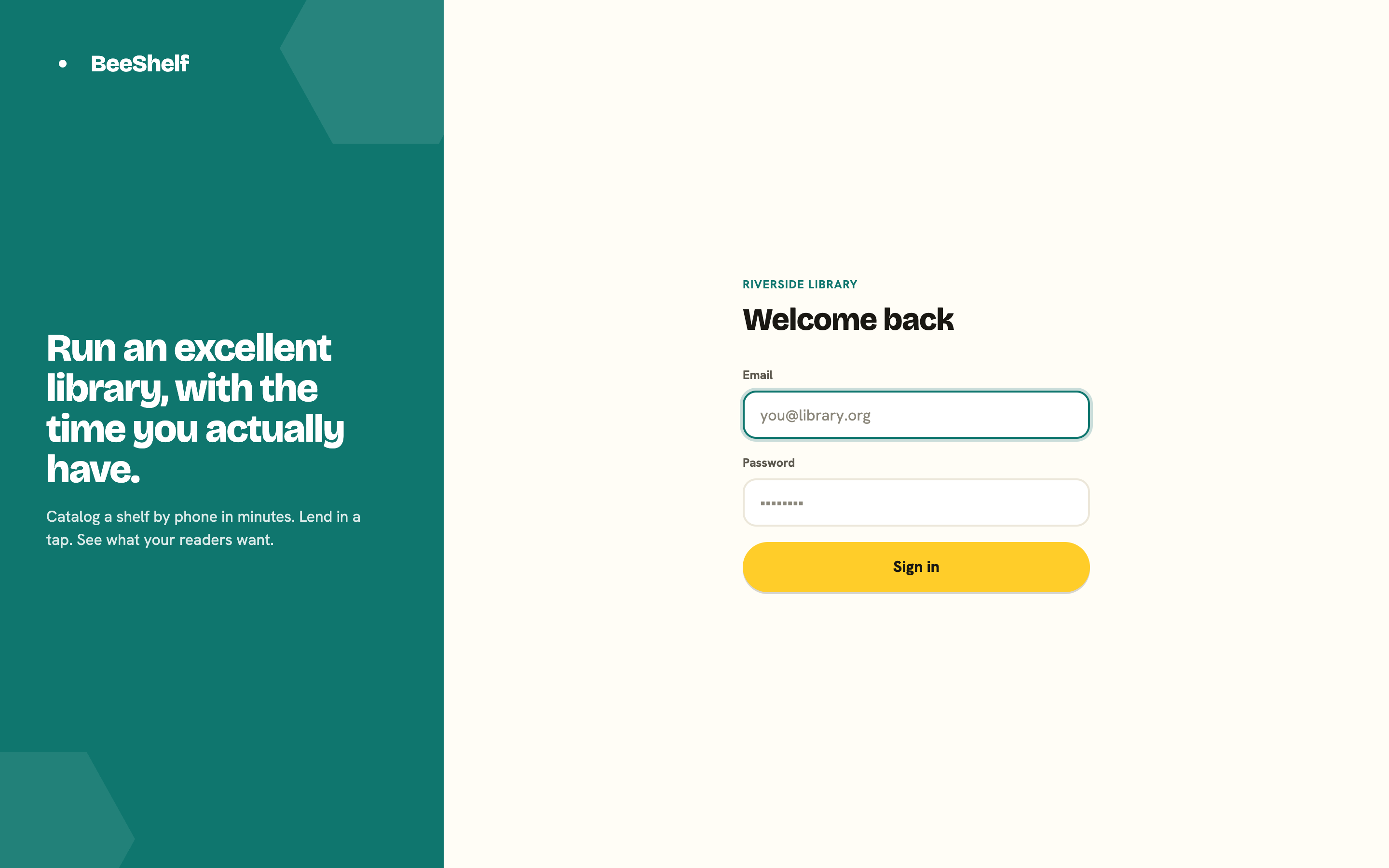 The staff sign-in screen, with a brand panel on the left and email and password fields on the right