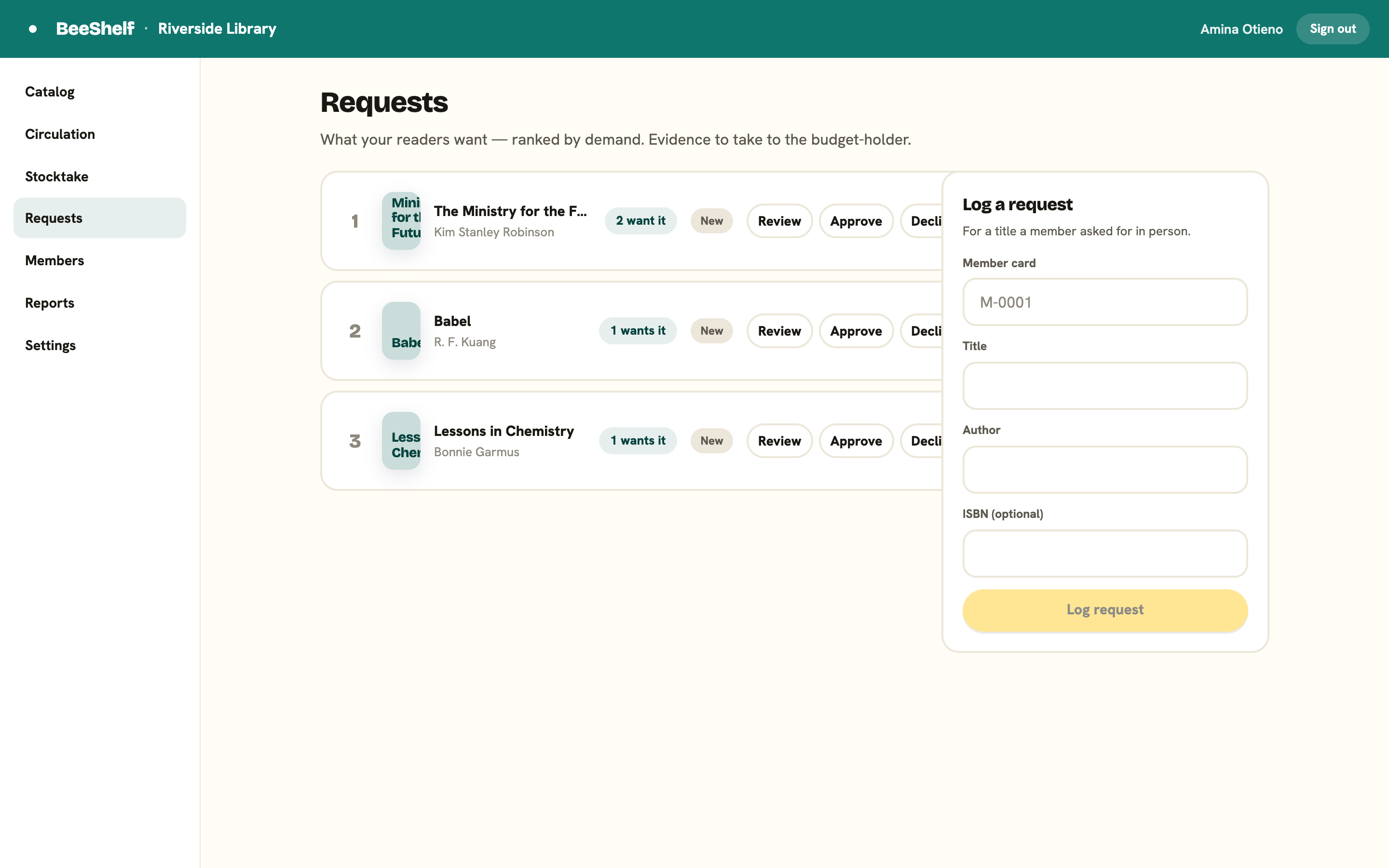 The Requests tab showing a ranked list of requested titles with demand counts and status buttons