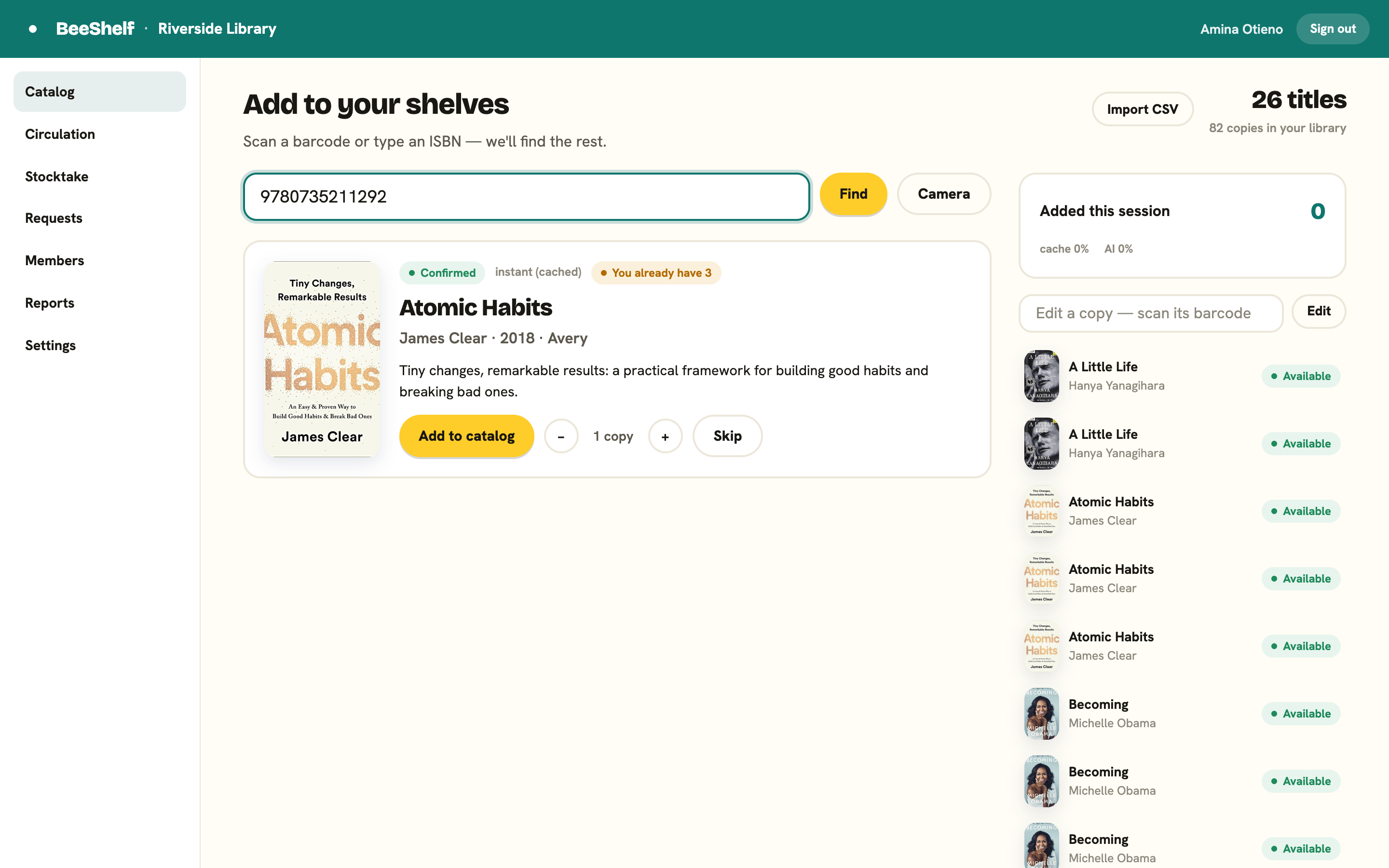 The Catalog tab showing a resolved book with cover, title, author, a copy-count stepper, and an Add to catalog button