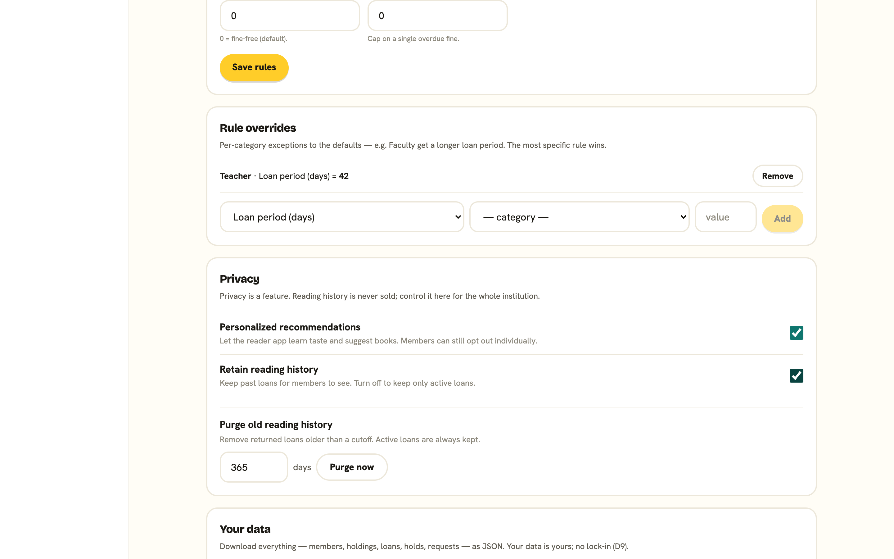 The Privacy card in Settings with personalization and retention toggles and a purge control