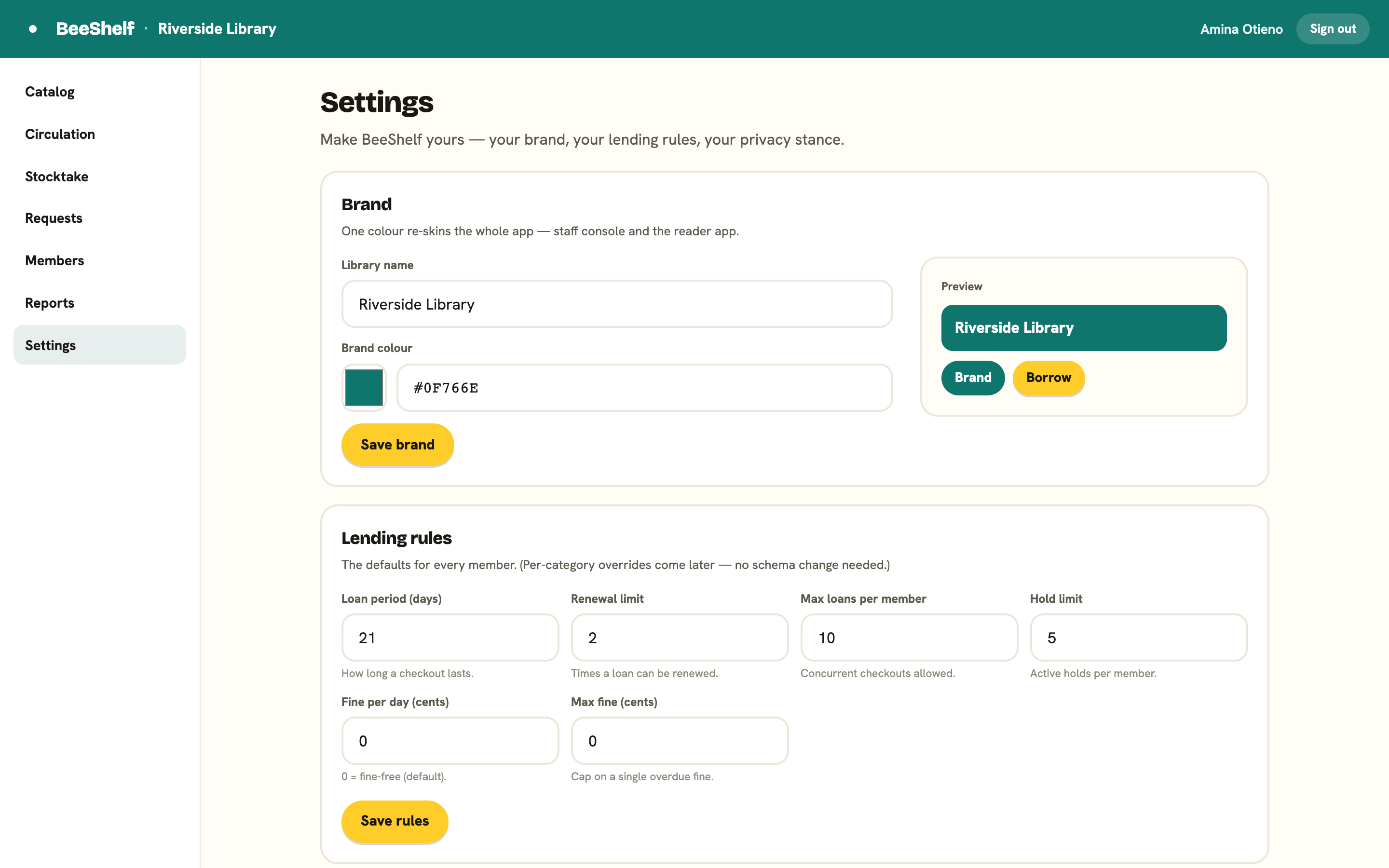 The Lending rules card in Settings with fields for loan period, renewals, max loans, holds, and fines