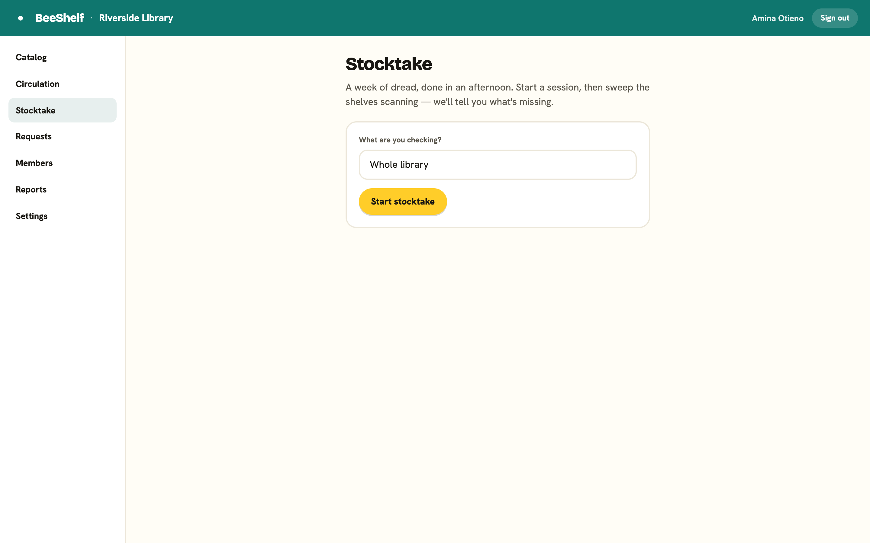 A stocktake in progress, with a scan box, a running count of scanned items, and a Reconcile button